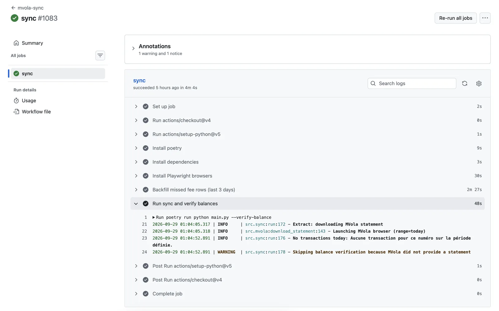 A MVola Wallet Sync run on GitHub Actions, with its sync log