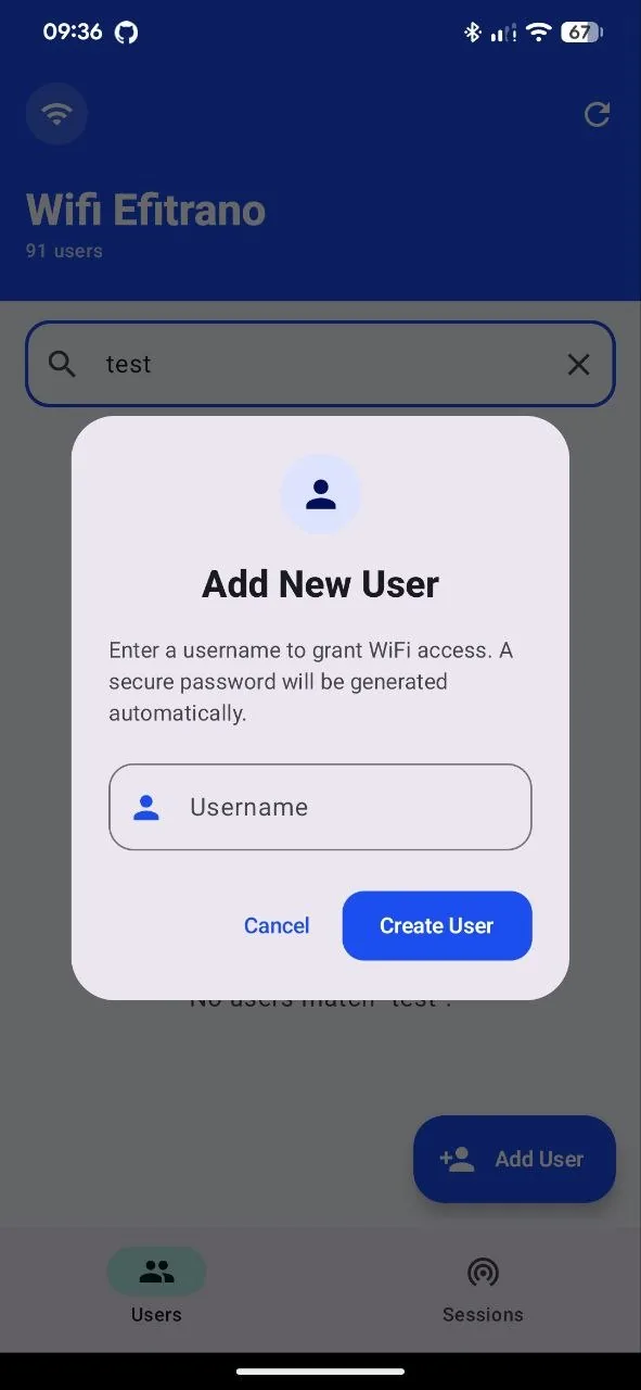 The Wifi Efitrano Android admin app, adding a new user